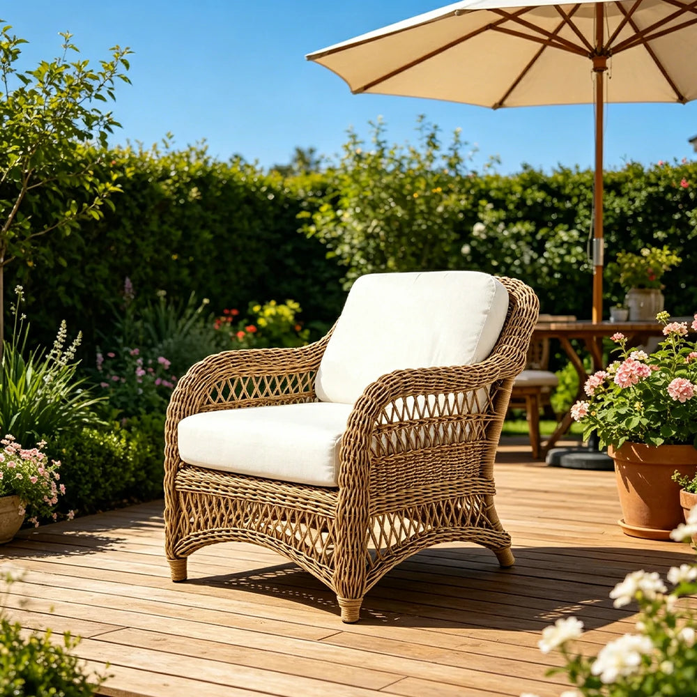 SOLARA Outdoor Rattan Lounge Chair with High-Density Cushioned Seat for Patio Garden - Natural