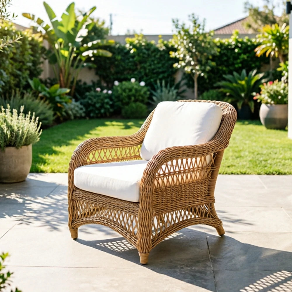 SOLARA Outdoor Rattan Lounge Chair with High-Density Cushioned Seat for Patio Garden - Natural