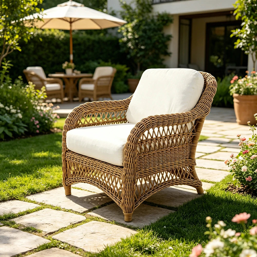 SOLARA Outdoor Rattan Lounge Chair with High-Density Cushioned Seat for Patio Garden - Natural