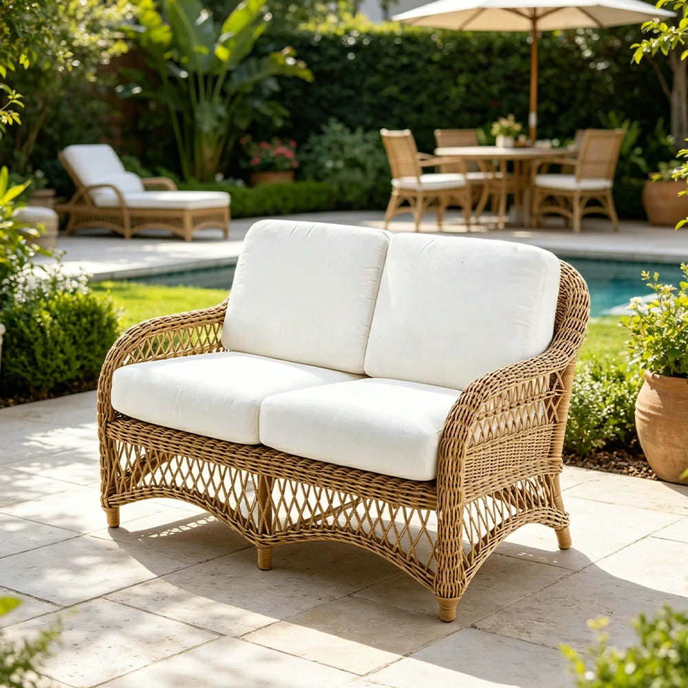 SOLARA Outdoor Rattan 2-Seater Sofa with High-Density Cushions for Patio Garden - Natural