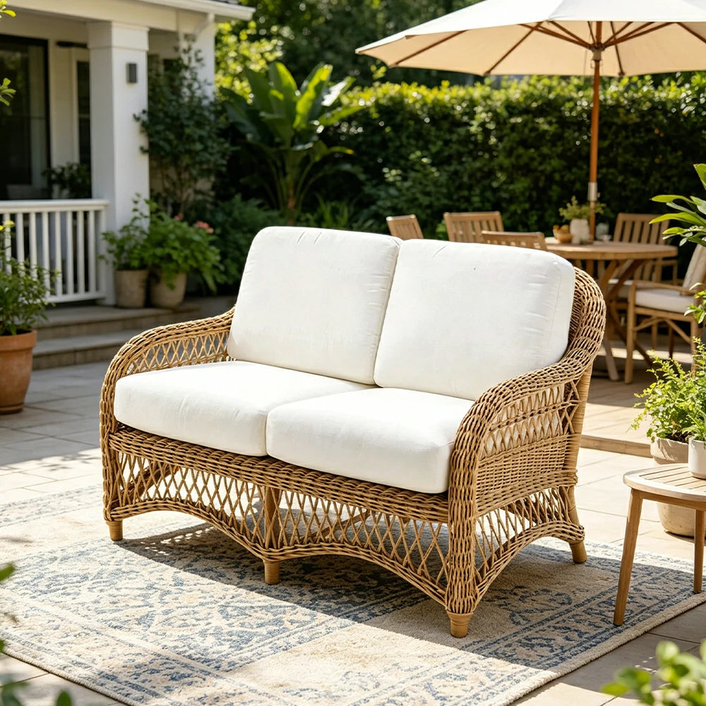 SOLARA Outdoor Rattan 2-Seater Sofa with High-Density Cushions for Patio Garden - Natural