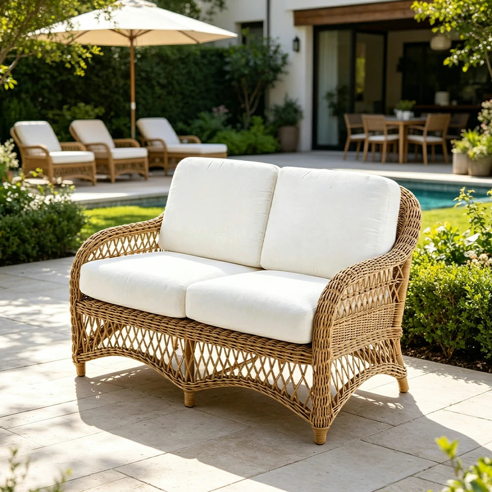 SOLARA Outdoor Rattan 2-Seater Sofa with High-Density Cushions for Patio Garden - Natural