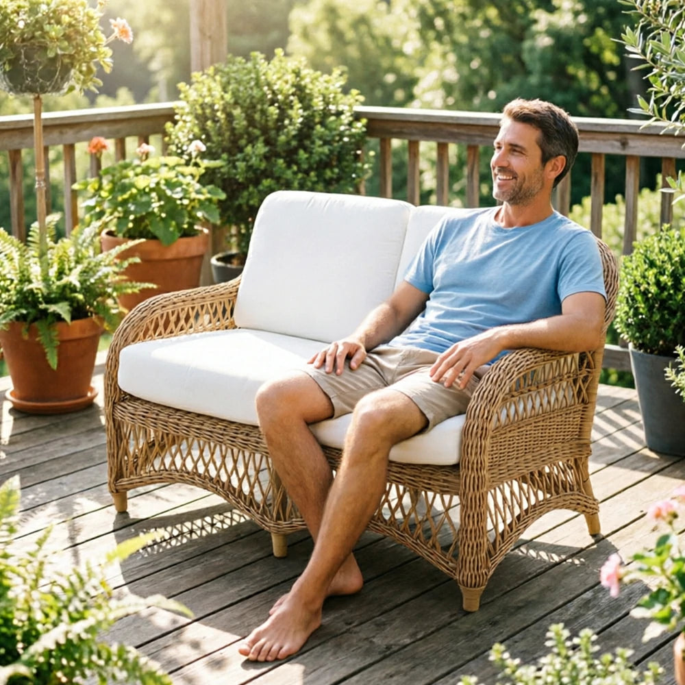 SOLARA Outdoor Rattan 2-Seater Sofa with High-Density Cushions for Patio Garden - Natural
