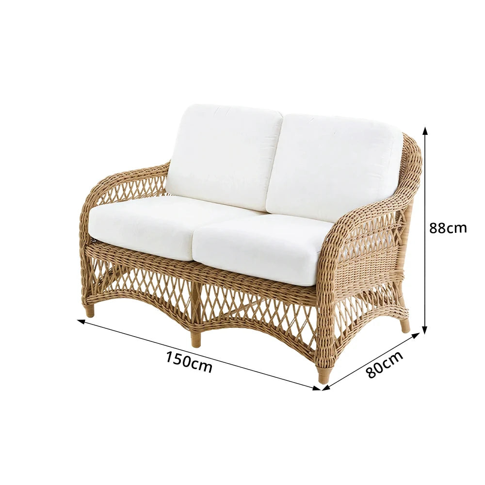 SOLARA Outdoor Rattan 2-Seater Sofa with High-Density Cushions for Patio Garden - Natural