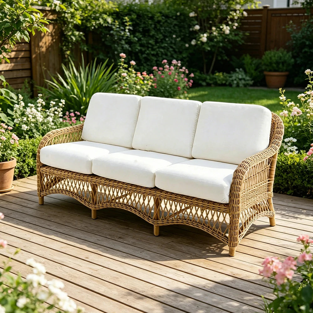 SOLARA Outdoor Rattan 3-Seater Sofa with High-Density Cushions for Patio Garden - Natural