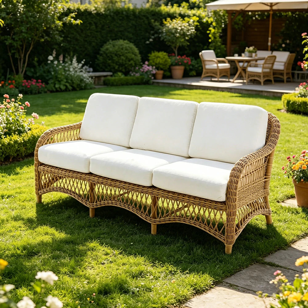 SOLARA Outdoor Rattan 3-Seater Sofa with High-Density Cushions for Patio Garden - Natural