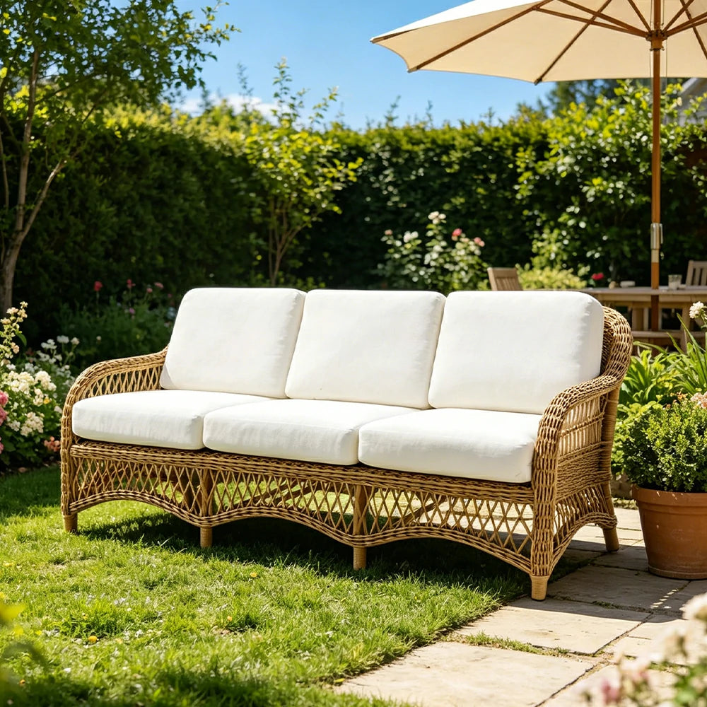 SOLARA Outdoor Rattan 3-Seater Sofa with High-Density Cushions for Patio Garden - Natural