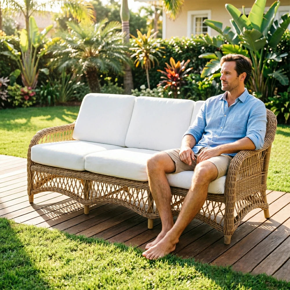 SOLARA Outdoor Rattan 3-Seater Sofa with High-Density Cushions for Patio Garden - Natural