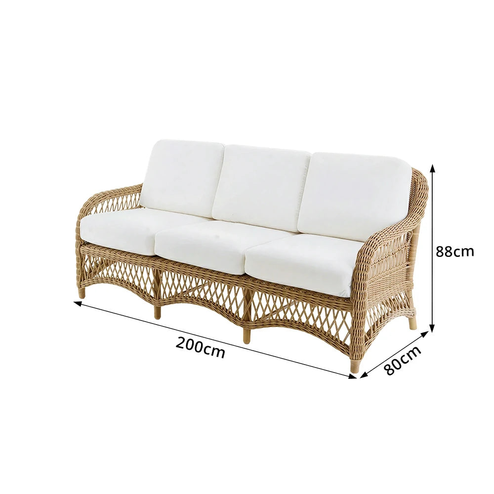 SOLARA Outdoor Rattan 3-Seater Sofa with High-Density Cushions for Patio Garden - Natural