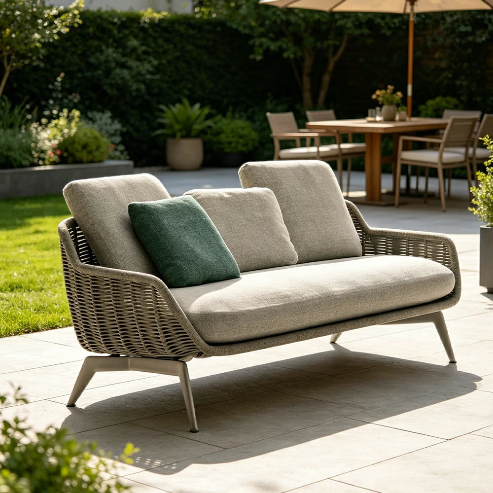 SOLARA Outdoor Rope 2-Seater Sofa with Aluminium Legs and Cushioned Seat for Patio Garden - Light