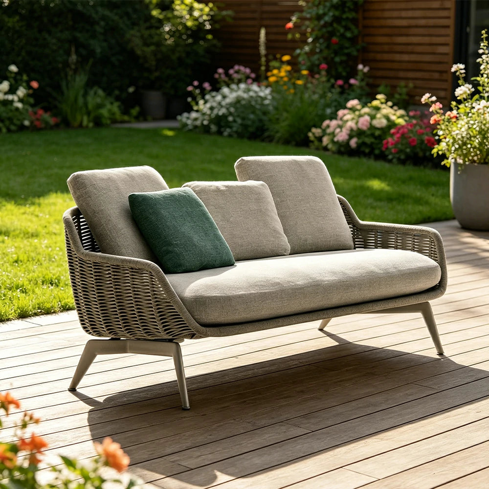SOLARA Outdoor Rope 2-Seater Sofa with Aluminium Legs and Cushioned Seat for Patio Garden - Light