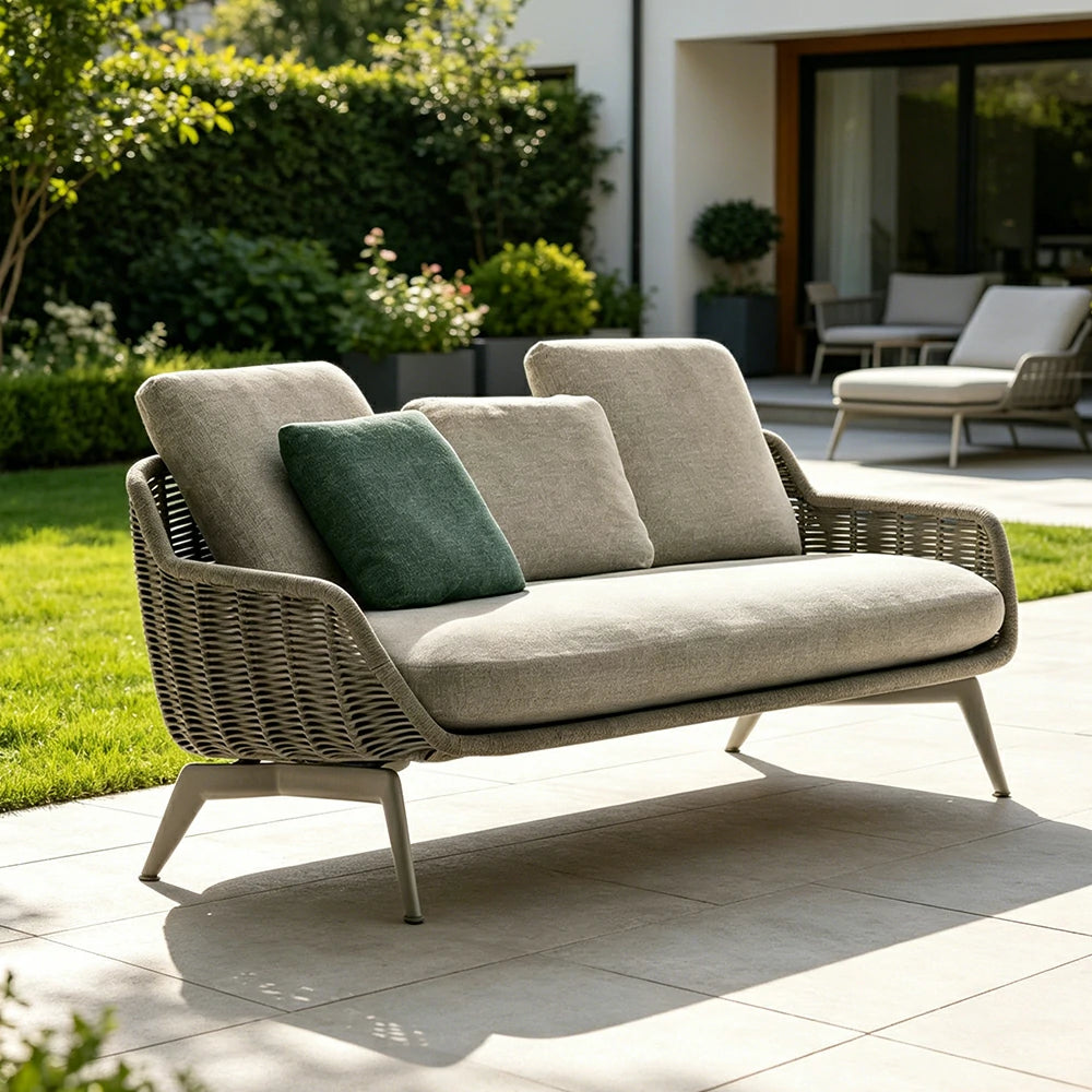 SOLARA Outdoor Rope 2-Seater Sofa with Aluminium Legs and Cushioned Seat for Patio Garden - Light