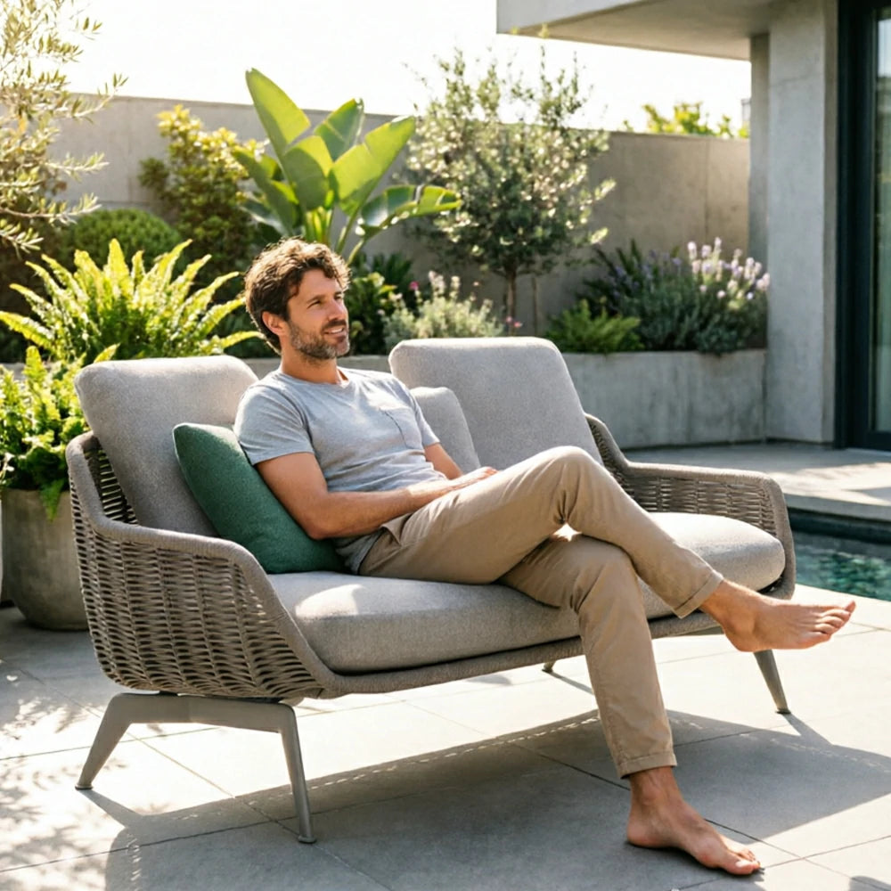 SOLARA Outdoor Rope 2-Seater Sofa with Aluminium Legs and Cushioned Seat for Patio Garden - Light