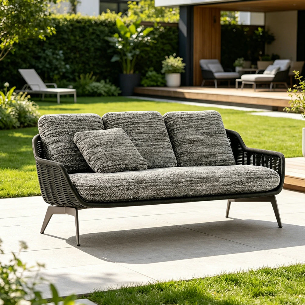 SOLARA Outdoor Rope 2-Seater Sofa with Aluminium Legs and Cushioned Seat for Patio Garden - Brown