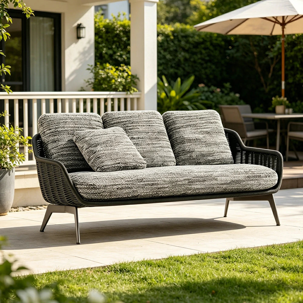 SOLARA Outdoor Rope 2-Seater Sofa with Aluminium Legs and Cushioned Seat for Patio Garden - Brown