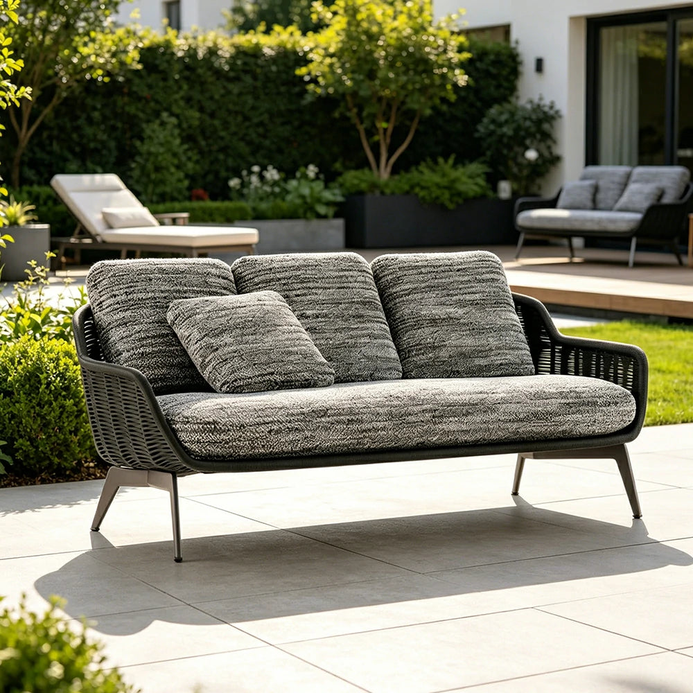 SOLARA Outdoor Rope 2-Seater Sofa with Aluminium Legs and Cushioned Seat for Patio Garden - Brown