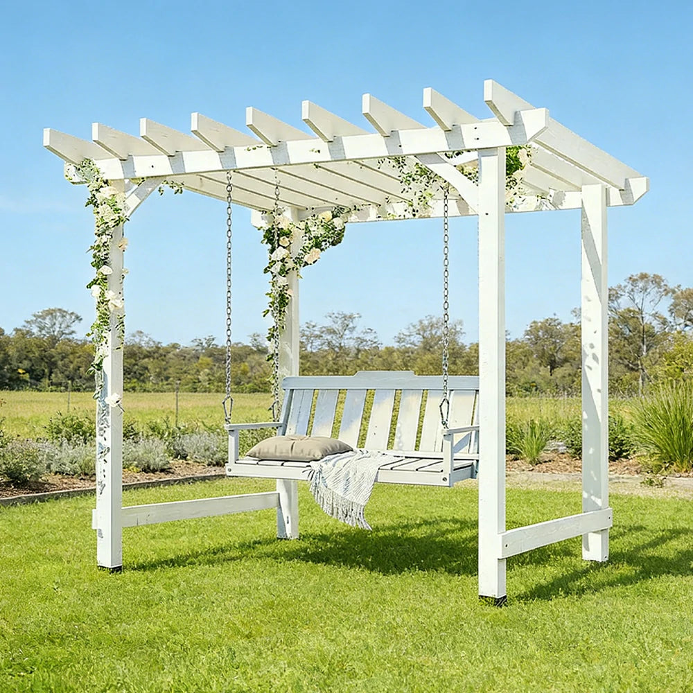 SOLARA Outdoor Swing Gazebo Finnish Solid Wood Frame with Double Seat for Garden Patio Relaxation - White