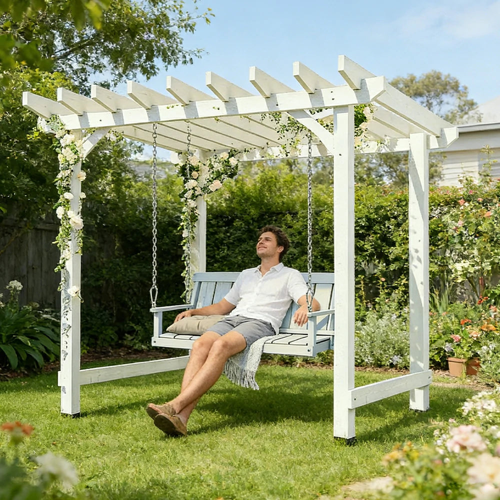 SOLARA Outdoor Swing Gazebo Finnish Solid Wood Frame with Double Seat for Garden Patio Relaxation - White