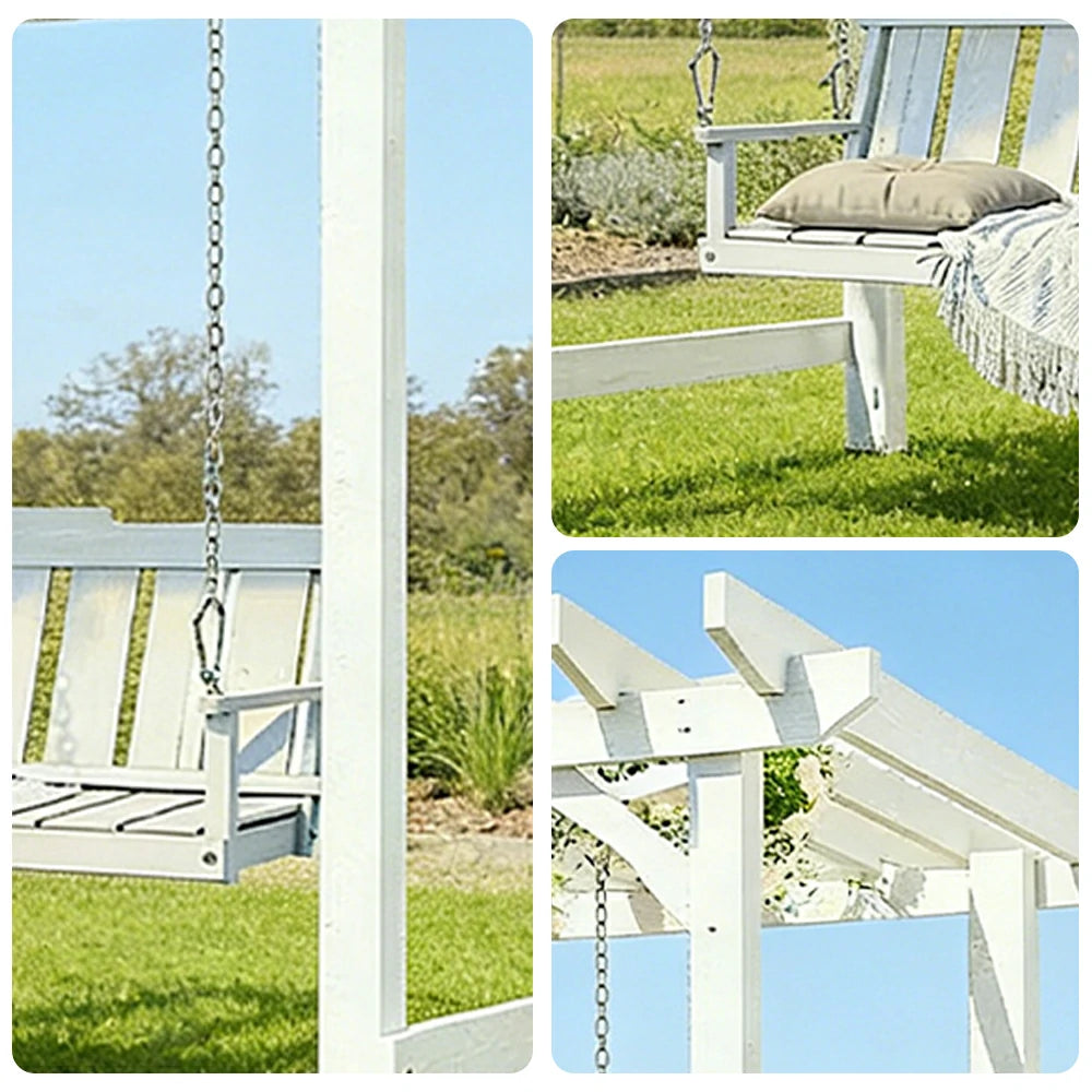 SOLARA Outdoor Swing Gazebo Finnish Solid Wood Frame with Double Seat for Garden Patio Relaxation - White