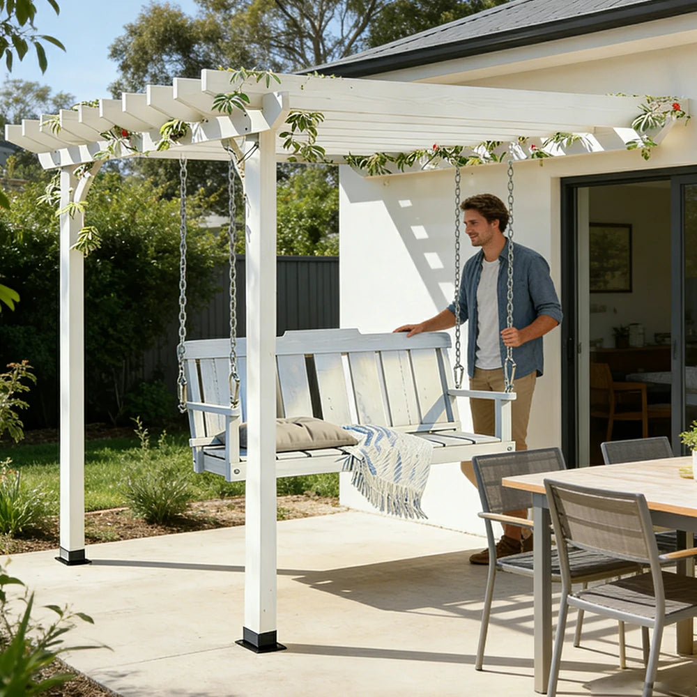 SOLARA Wall Mounted Swing Gazebo Finnish Solid Wood with Double Seat for Garden Patio Relaxation - White