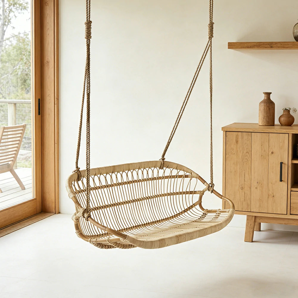 SOLARA 60/100/140cm Rattan Hanging Chair Handmade Natural Weaving Breathable Outdoor Swing Seat for Balcony Garden Patio
