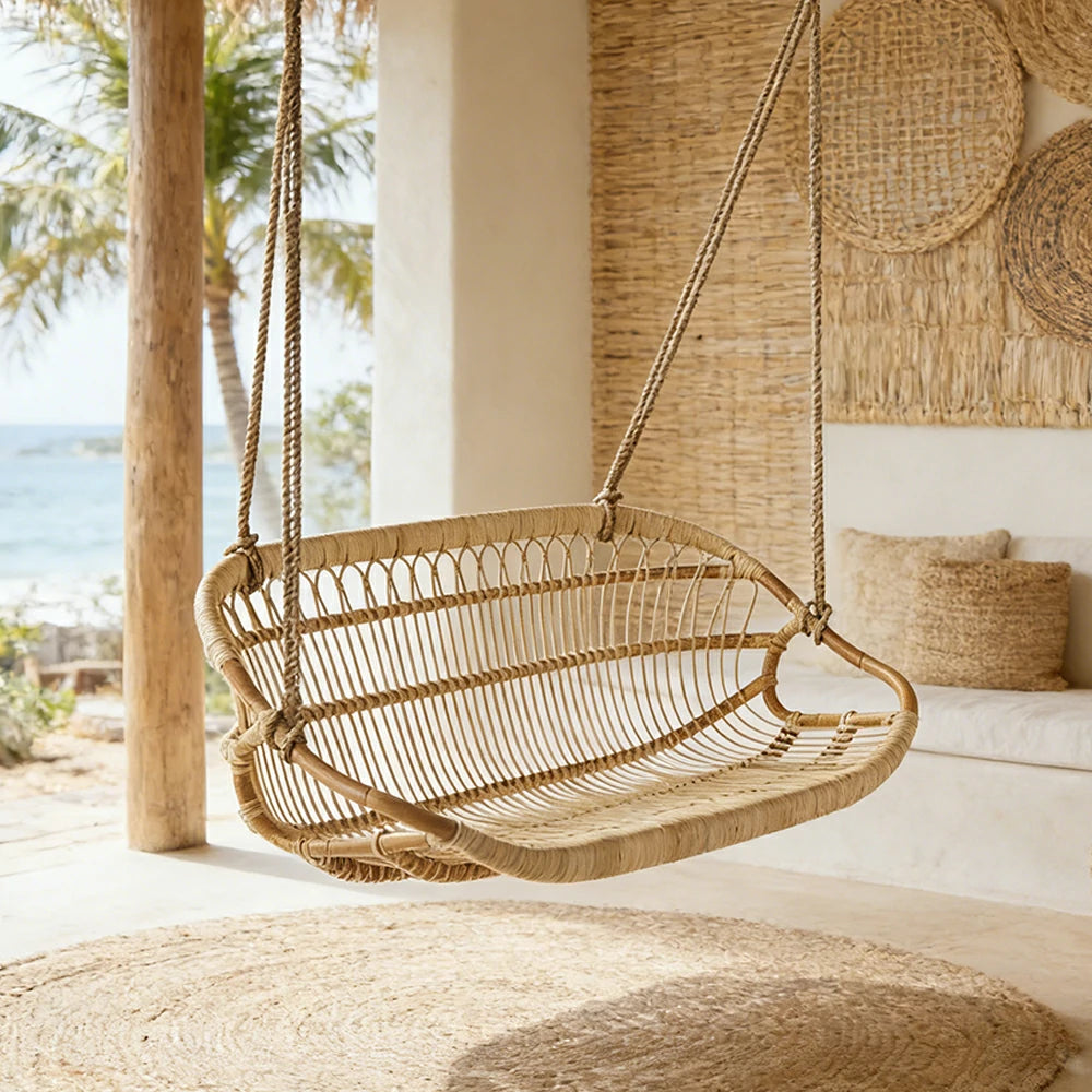 SOLARA 60/100/140cm Rattan Hanging Chair Handmade Natural Weaving Breathable Outdoor Swing Seat for Balcony Garden Patio