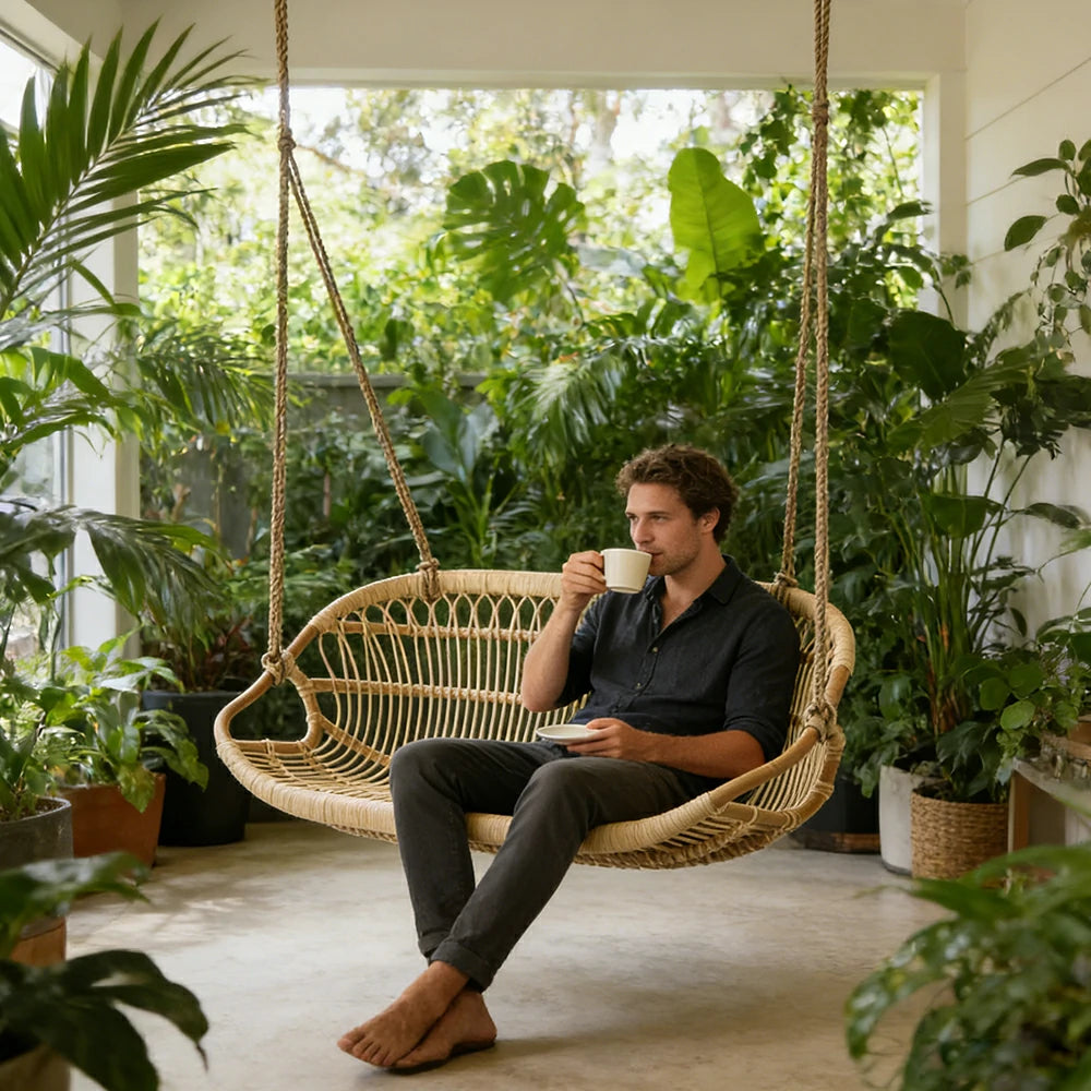 SOLARA 60/100/140cm Rattan Hanging Chair Handmade Natural Weaving Breathable Outdoor Swing Seat for Balcony Garden Patio