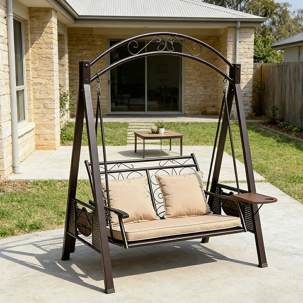 SOLARA Outdoor Double Swing Chair Alloy Steel Frame Heavy Duty Garden Patio Bench with Cushions for Backyard Balcony - Brown