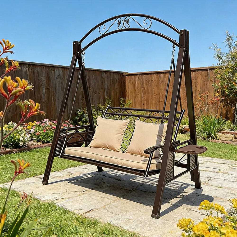 SOLARA Outdoor Double Swing Chair Alloy Steel Frame Heavy Duty Garden Patio Bench with Cushions for Backyard Balcony - Brown