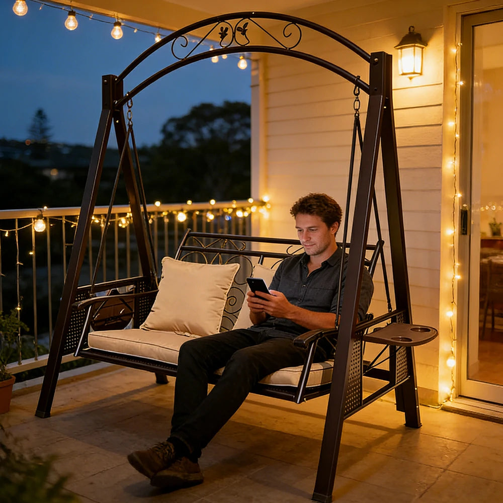 SOLARA Outdoor Double Swing Chair Alloy Steel Frame Heavy Duty Garden Patio Bench with Cushions for Backyard Balcony - Brown