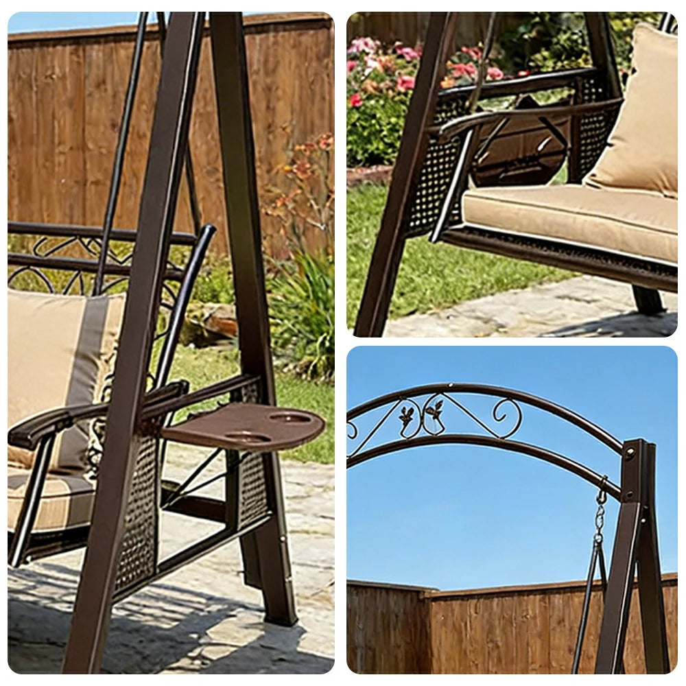 SOLARA Outdoor Double Swing Chair Alloy Steel Frame Heavy Duty Garden Patio Bench with Cushions for Backyard Balcony - Brown