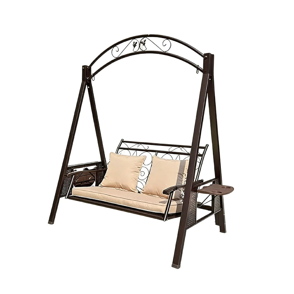 SOLARA Outdoor Double Swing Chair Alloy Steel Frame Heavy Duty Garden Patio Bench with Cushions for Backyard Balcony - Brown