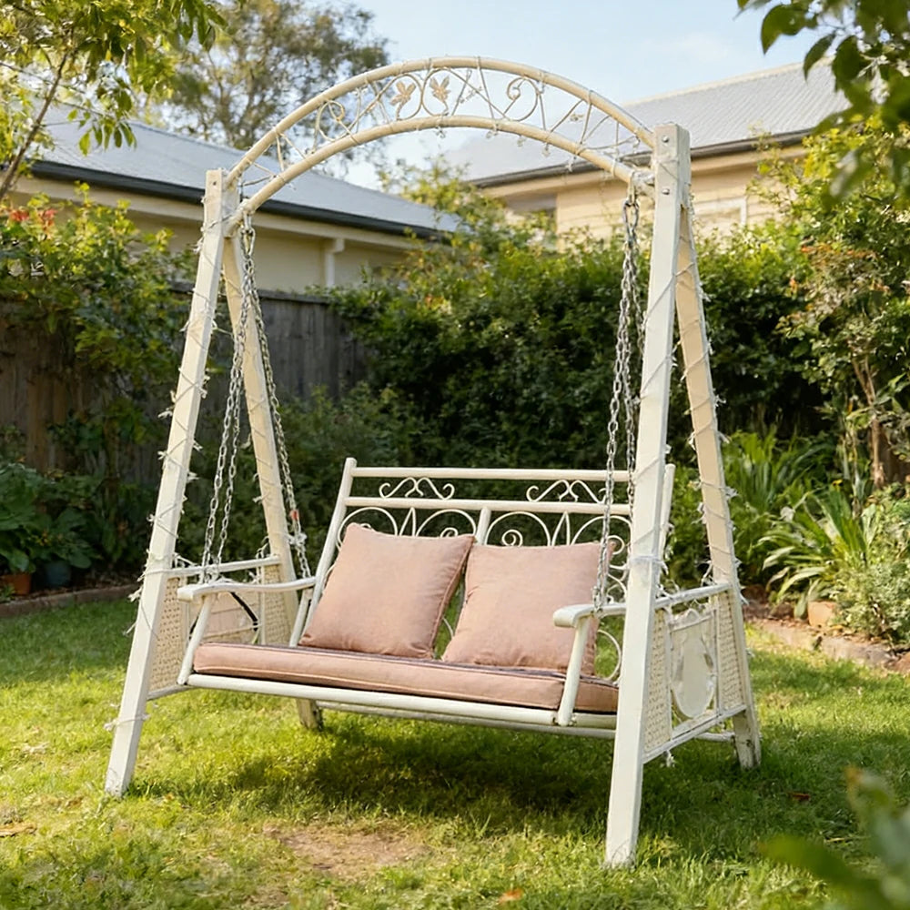 SOLARA Outdoor Double Swing Chair Alloy Steel Frame Heavy Duty Garden Patio Bench with Cushions for Backyard Balcony - Beige