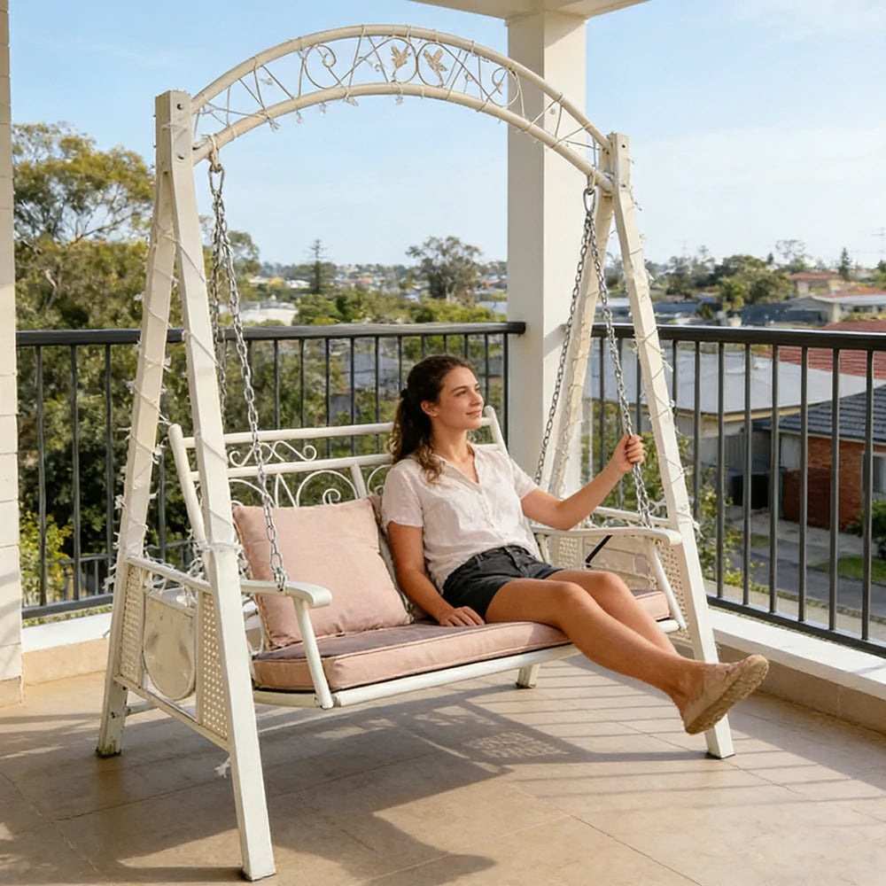 SOLARA Outdoor Double Swing Chair Alloy Steel Frame Heavy Duty Garden Patio Bench with Cushions for Backyard Balcony - Beige