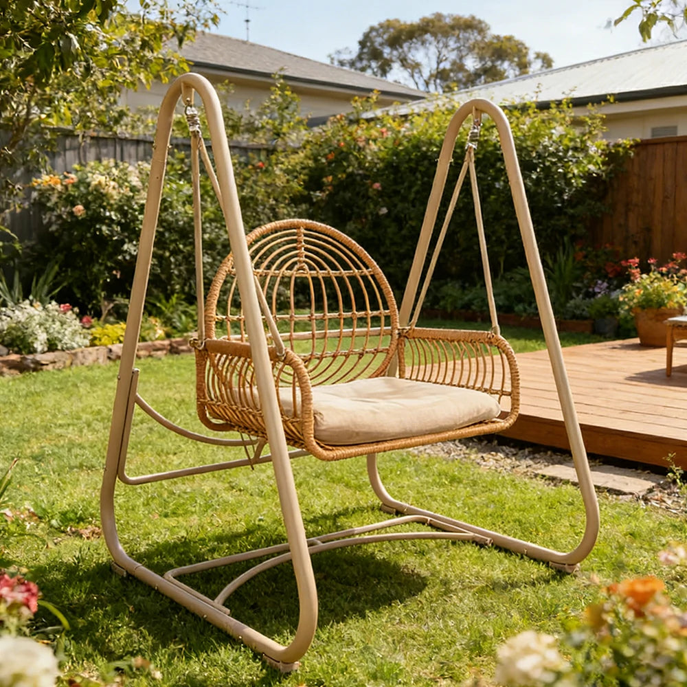 SOLARA Outdoor Rattan Swing Chair PE Wicker Breathable Seat Spring Suspension Steel Frame for Garden Patio Balcony - Beige