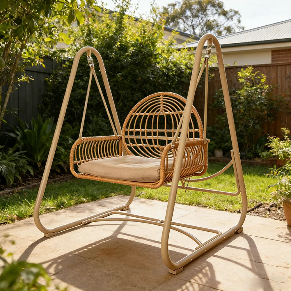 SOLARA Outdoor Rattan Swing Chair PE Wicker Breathable Seat Spring Suspension Steel Frame for Garden Patio Balcony - Beige
