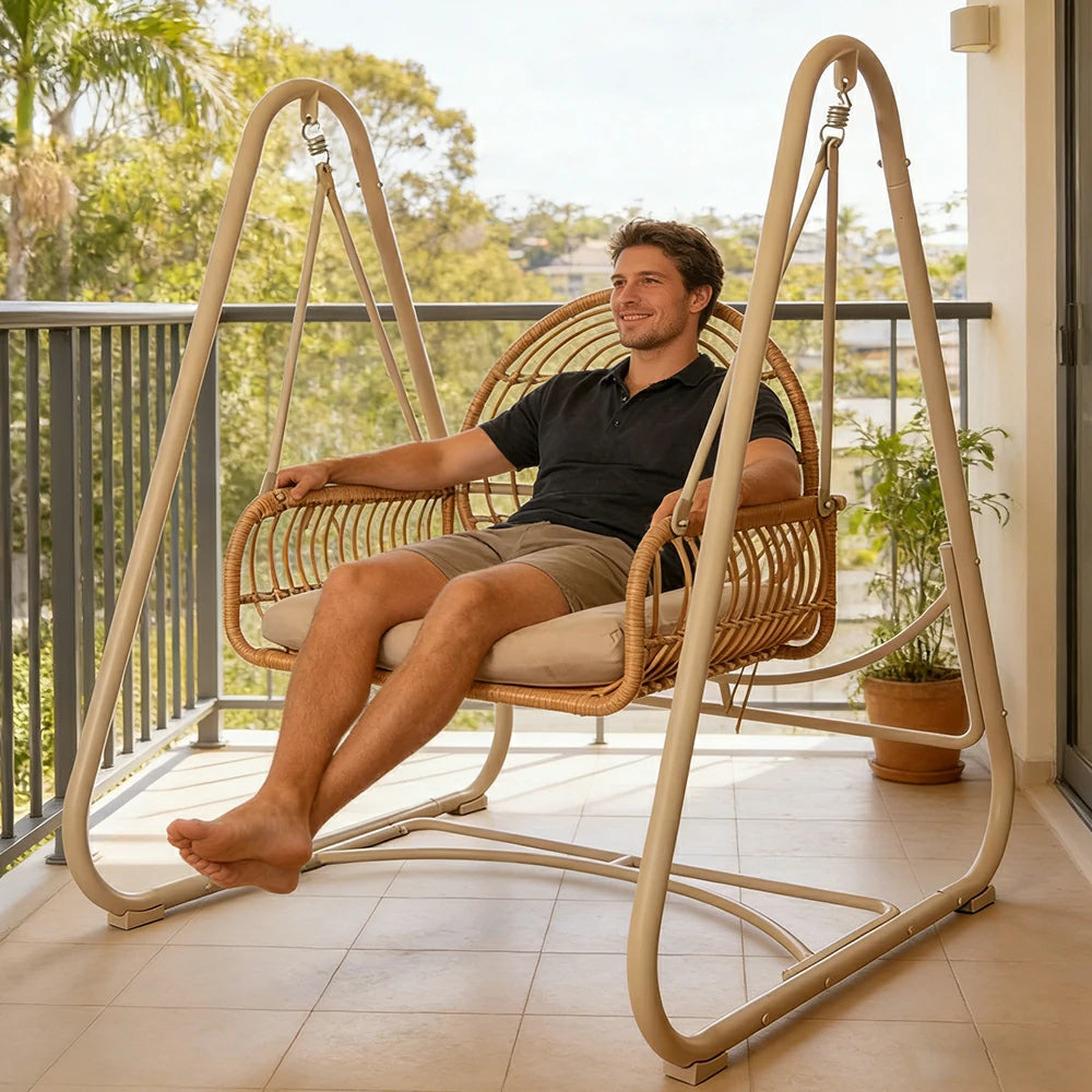 SOLARA Outdoor Rattan Swing Chair PE Wicker Breathable Seat Spring Suspension Steel Frame for Garden Patio Balcony - Beige