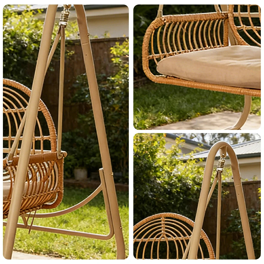 SOLARA Outdoor Rattan Swing Chair PE Wicker Breathable Seat Spring Suspension Steel Frame for Garden Patio Balcony - Beige