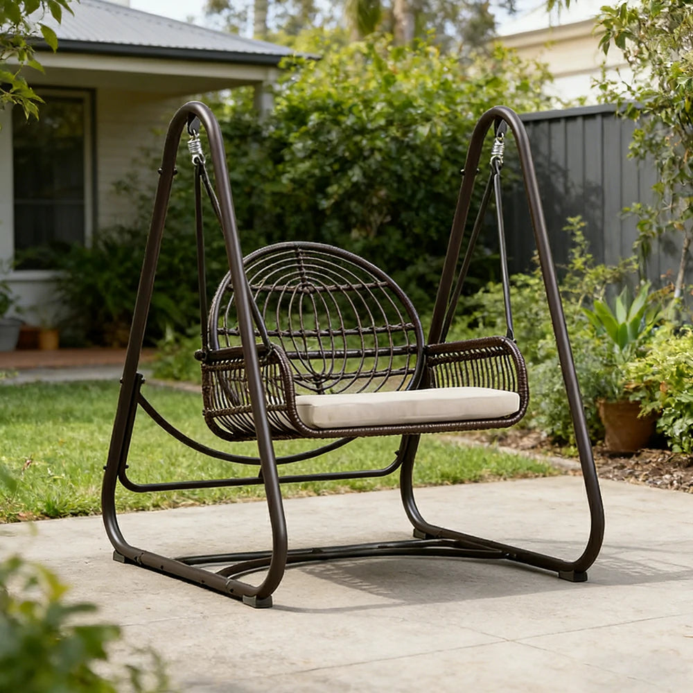 SOLARA Outdoor Rattan Swing Chair PE Wicker Breathable Seat Spring Suspension Steel Frame for Garden Patio Balcony - Black