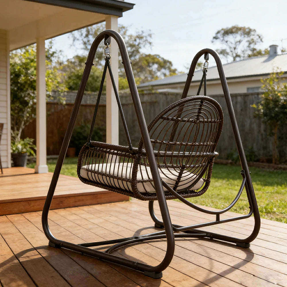SOLARA Outdoor Rattan Swing Chair PE Wicker Breathable Seat Spring Suspension Steel Frame for Garden Patio Balcony - Black