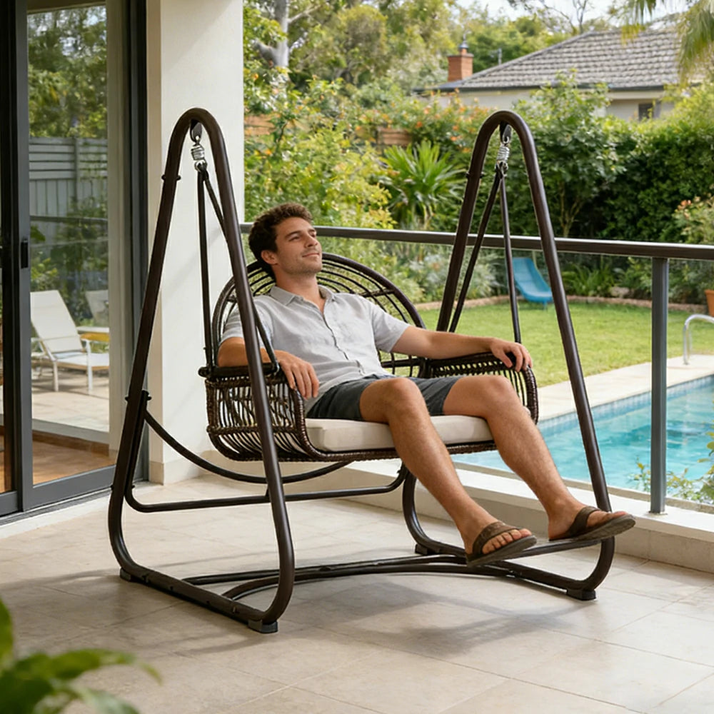 SOLARA Outdoor Rattan Swing Chair PE Wicker Breathable Seat Spring Suspension Steel Frame for Garden Patio Balcony - Black