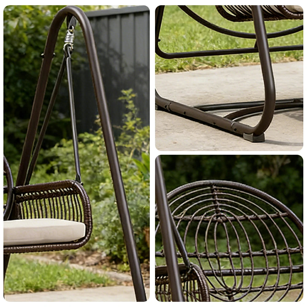 SOLARA Outdoor Rattan Swing Chair PE Wicker Breathable Seat Spring Suspension Steel Frame for Garden Patio Balcony - Black