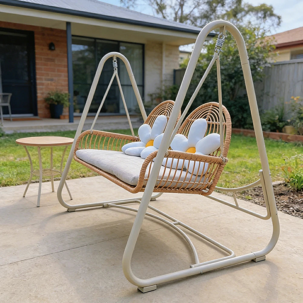 SOLARA Outdoor Double Rattan Swing Chair PE Wicker Breathable Seat Spring Suspension Steel Frame for Garden Patio Balcony - Beige