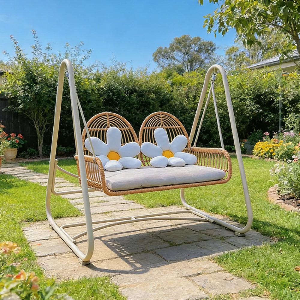 SOLARA Outdoor Double Rattan Swing Chair PE Wicker Breathable Seat Spring Suspension Steel Frame for Garden Patio Balcony - Beige