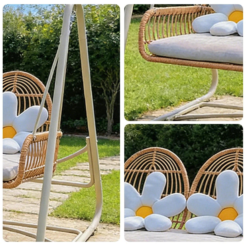 SOLARA Outdoor Double Rattan Swing Chair PE Wicker Breathable Seat Spring Suspension Steel Frame for Garden Patio Balcony - Beige