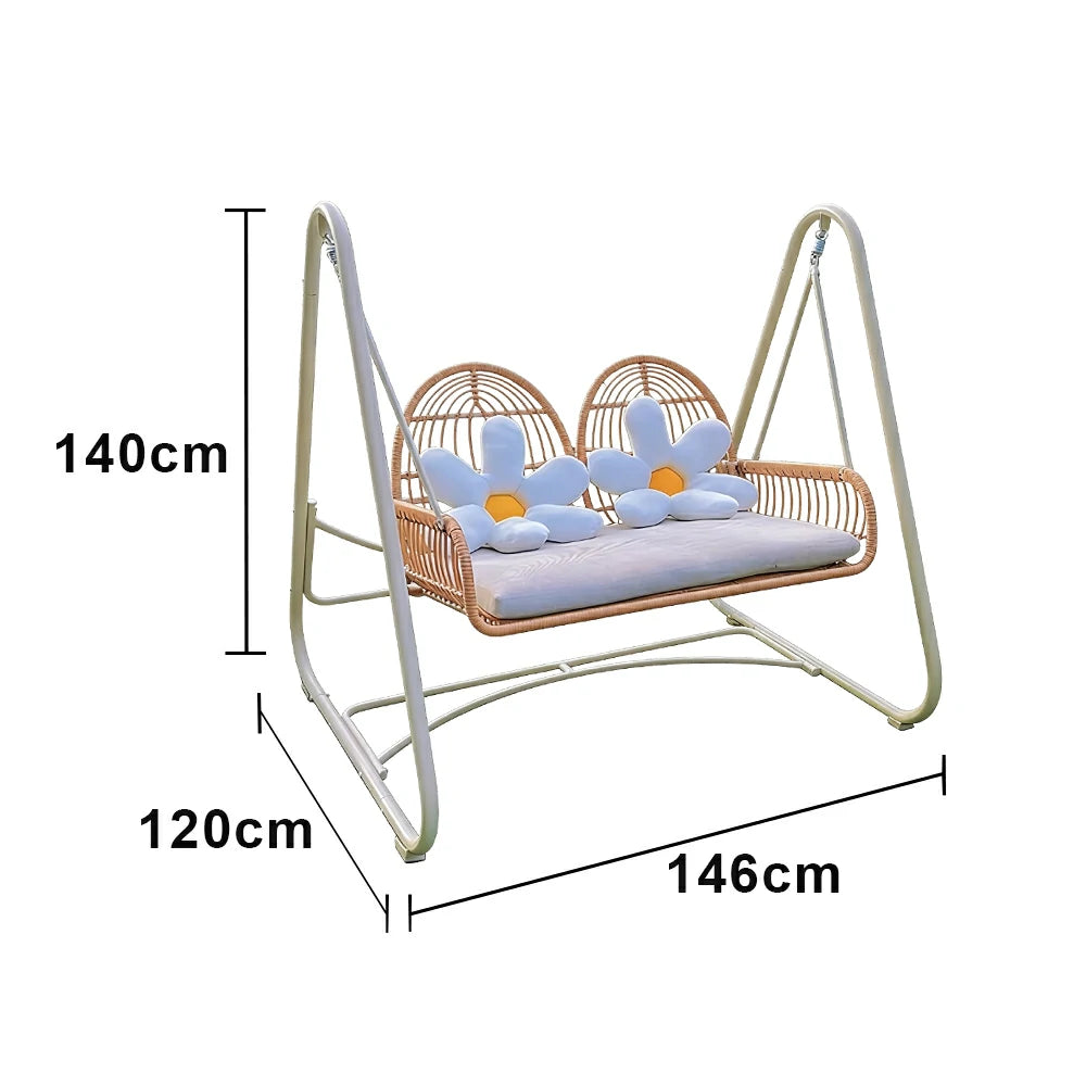 SOLARA Outdoor Double Rattan Swing Chair PE Wicker Breathable Seat Spring Suspension Steel Frame for Garden Patio Balcony - Beige