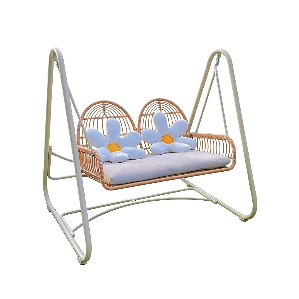SOLARA Outdoor Double Rattan Swing Chair PE Wicker Breathable Seat Spring Suspension Steel Frame for Garden Patio Balcony - Beige