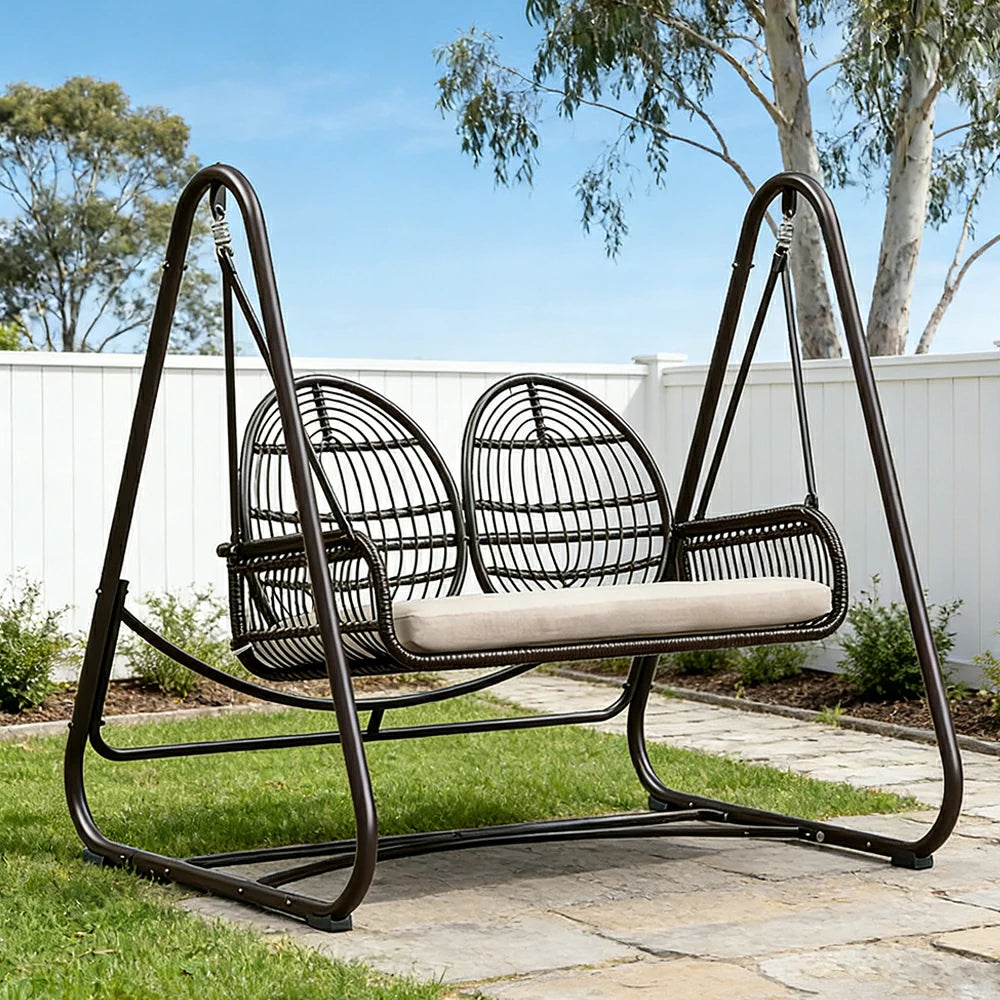 SOLARA Outdoor Double Rattan Swing Chair PE Wicker Breathable Seat Spring Suspension Steel Frame for Garden Patio Balcony - Black