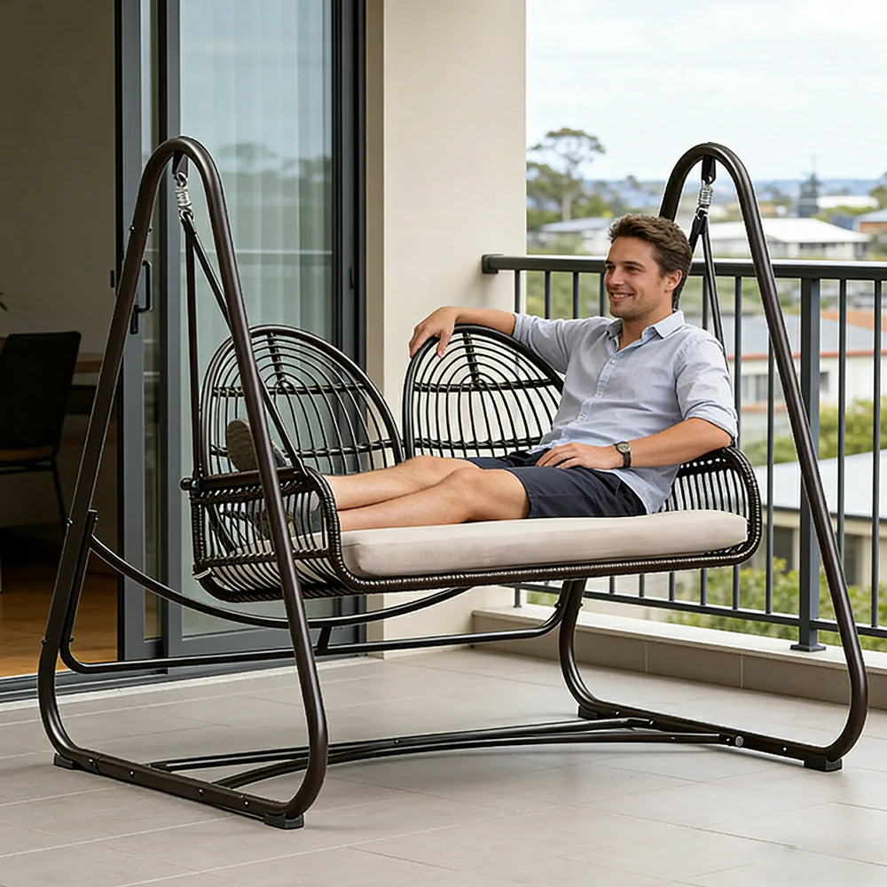 SOLARA Outdoor Double Rattan Swing Chair PE Wicker Breathable Seat Spring Suspension Steel Frame for Garden Patio Balcony - Black