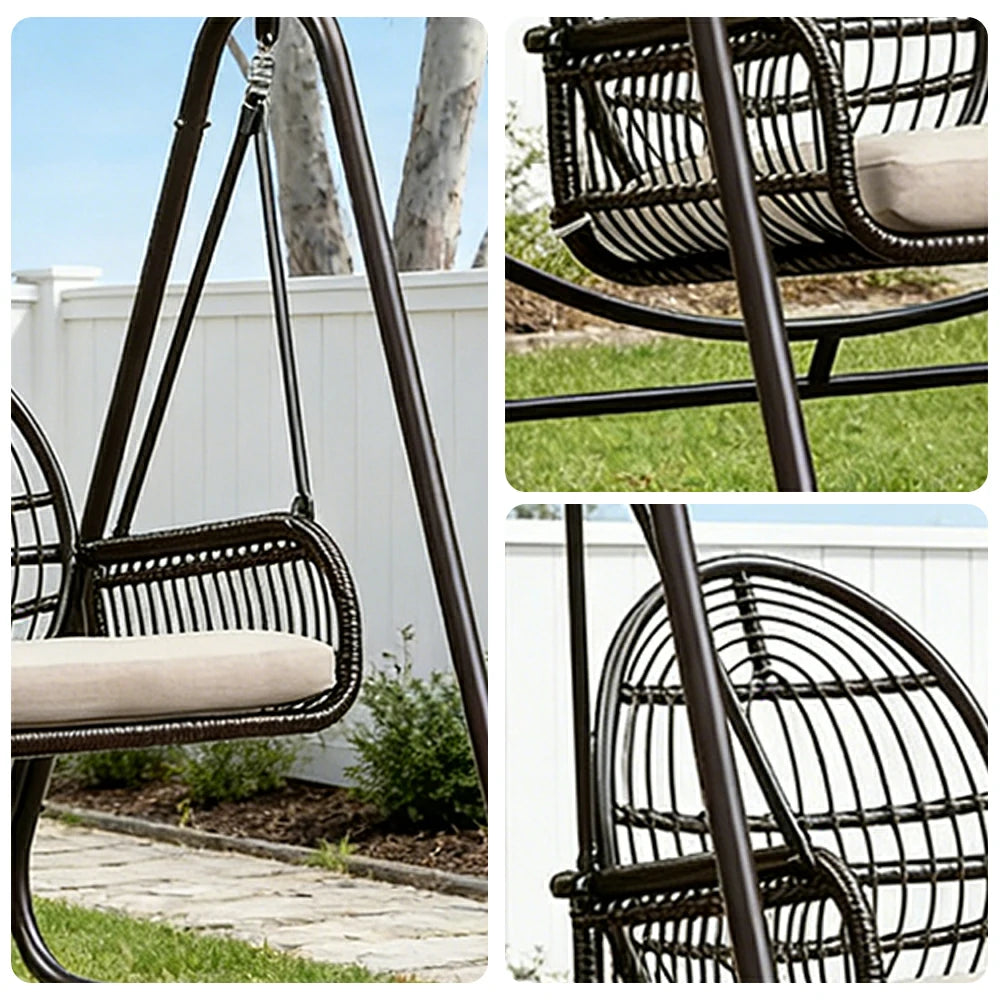 SOLARA Outdoor Double Rattan Swing Chair PE Wicker Breathable Seat Spring Suspension Steel Frame for Garden Patio Balcony - Black